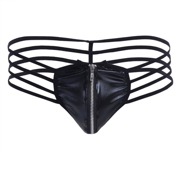 Black Faux Leather Multistrap Thong - Picture 3 of 5